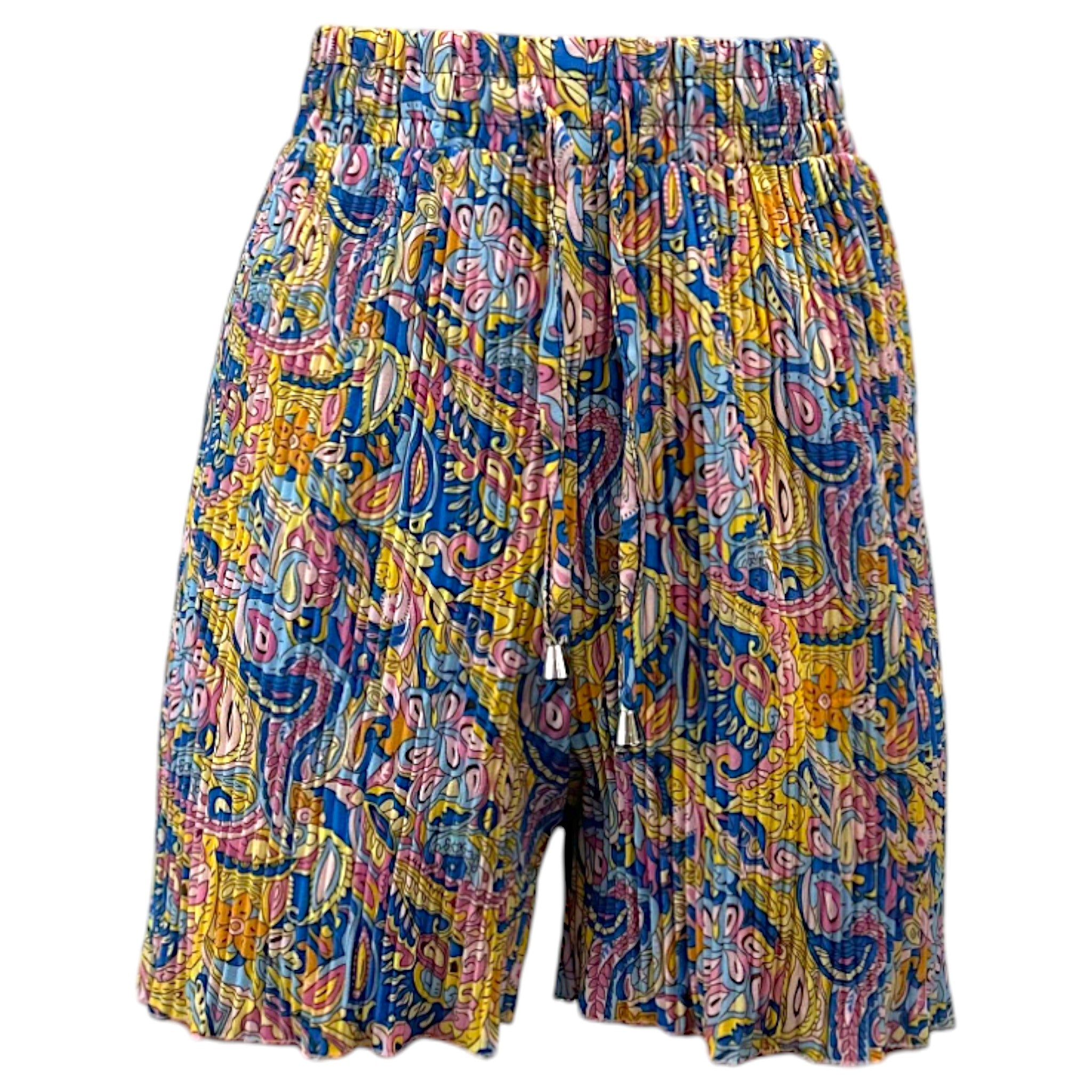 Women's multicolour paisley print shorts with elasticated waist and drawstring tie, lightweight summer casual shorts